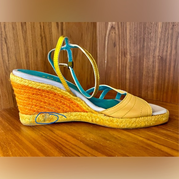VTG E Made In Italy Colorblock Wedge Espadrilles Sz 37 Cream/Orange/Yellow/Gold - Picture 7 of 16